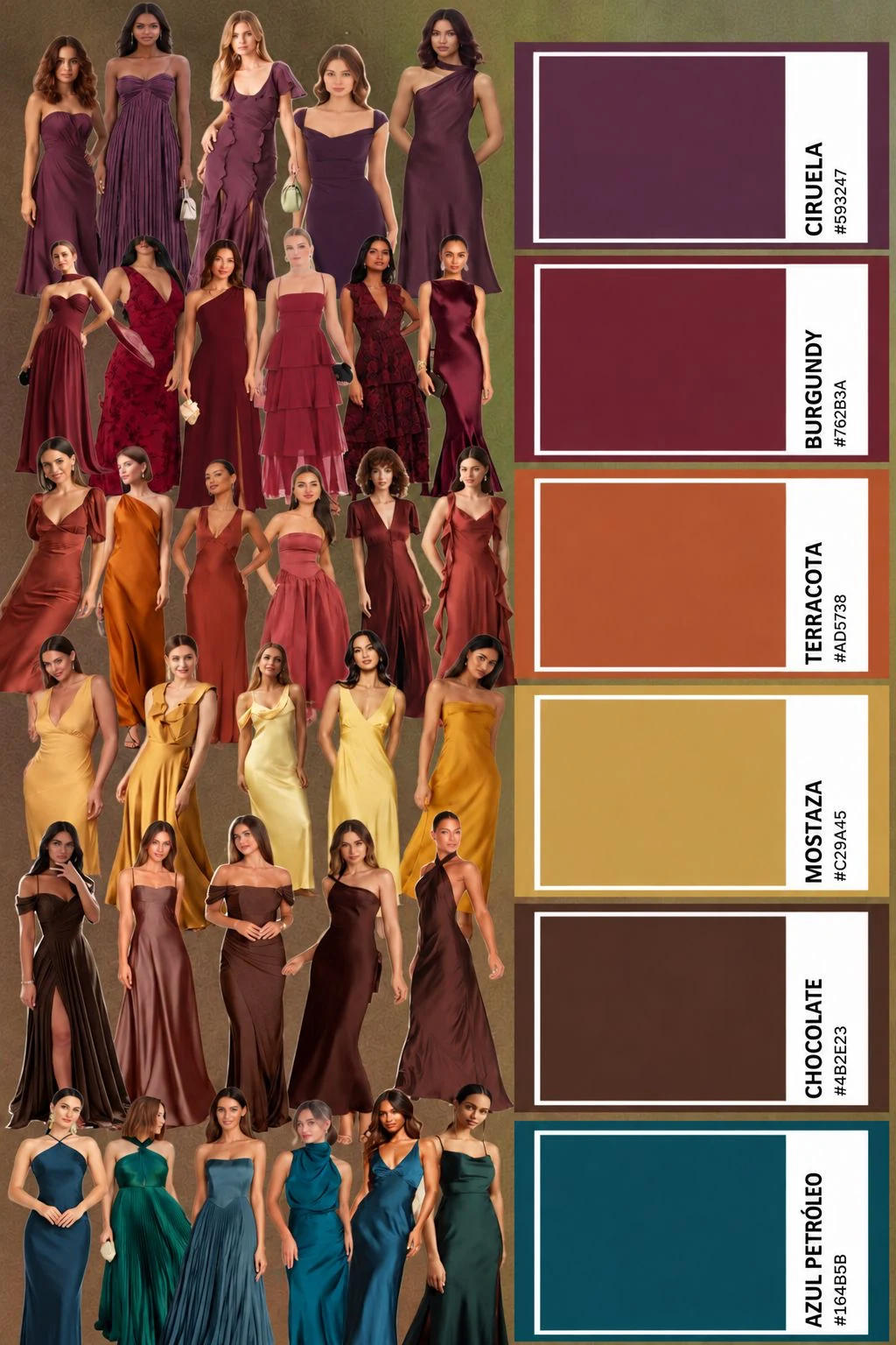 Inspiración: vestidos largos en ciruela, burgundy, terracota, mostaza, chocolate y azul petróleo